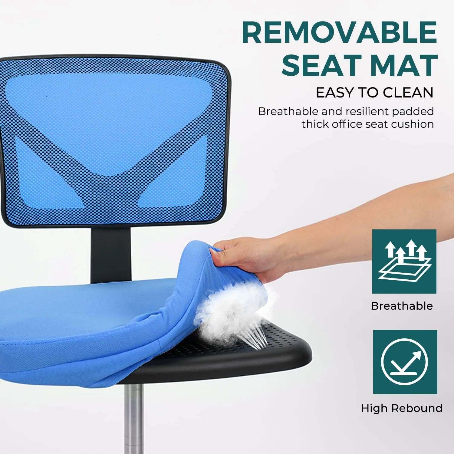 DUMOS Armless Desk Chairs with Wheels, Ergonomic Adjustable Home Office Swivel Rolling Task Chair No Arms, Comfy Mesh Mid Back Computer Work Vanity Desk Seat for Small Spaces, Blue