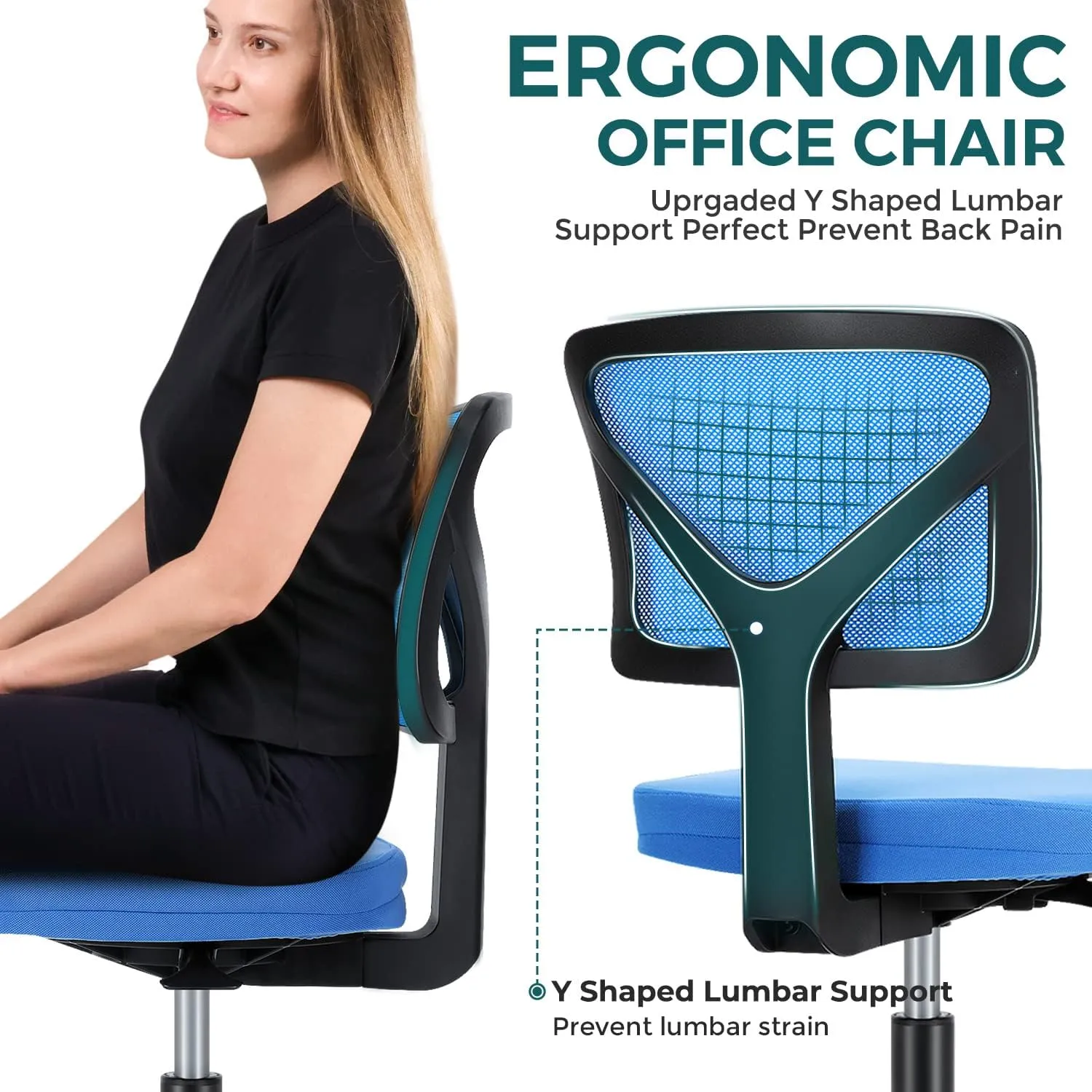 DUMOS Armless Desk Chairs with Wheels, Ergonomic Adjustable Home Office Swivel Rolling Task Chair No Arms, Comfy Mesh Mid Back Computer Work Vanity Desk Seat for Small Spaces, Blue