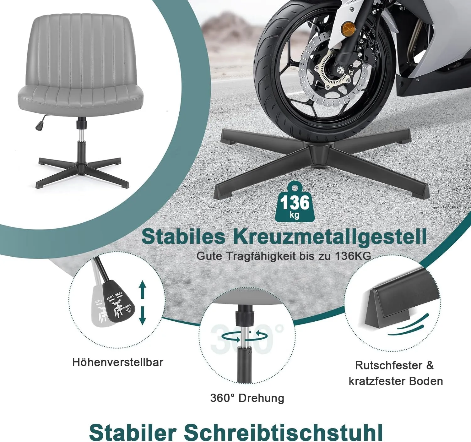 DUMOS Criss Cross Chair Legged Office Wide Comfy Desk Seat, No Wheels Armless Computer Task Seating, Swivel Vanity Home Height Adjustable