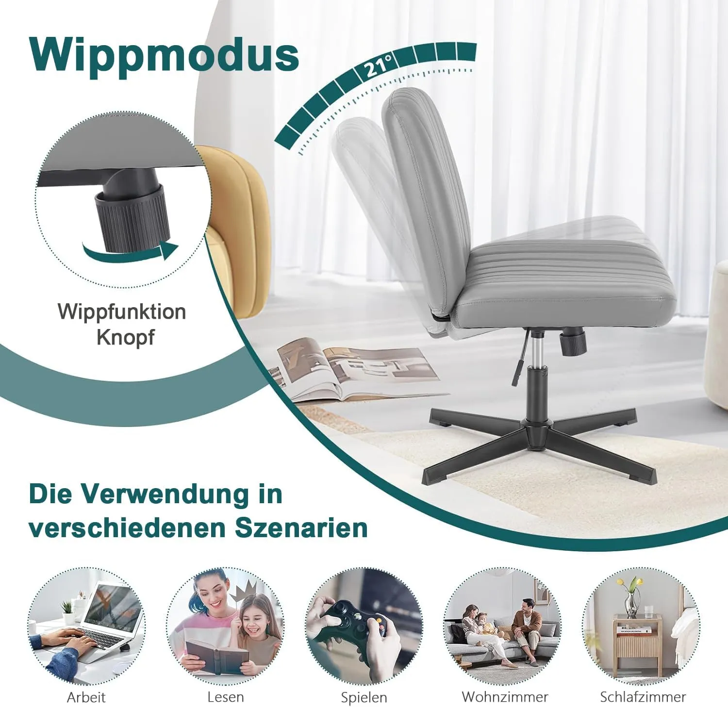 DUMOS Criss Cross Chair Legged Office Wide Comfy Desk Seat, No Wheels Armless Computer Task Seating, Swivel Vanity Home Height Adjustable