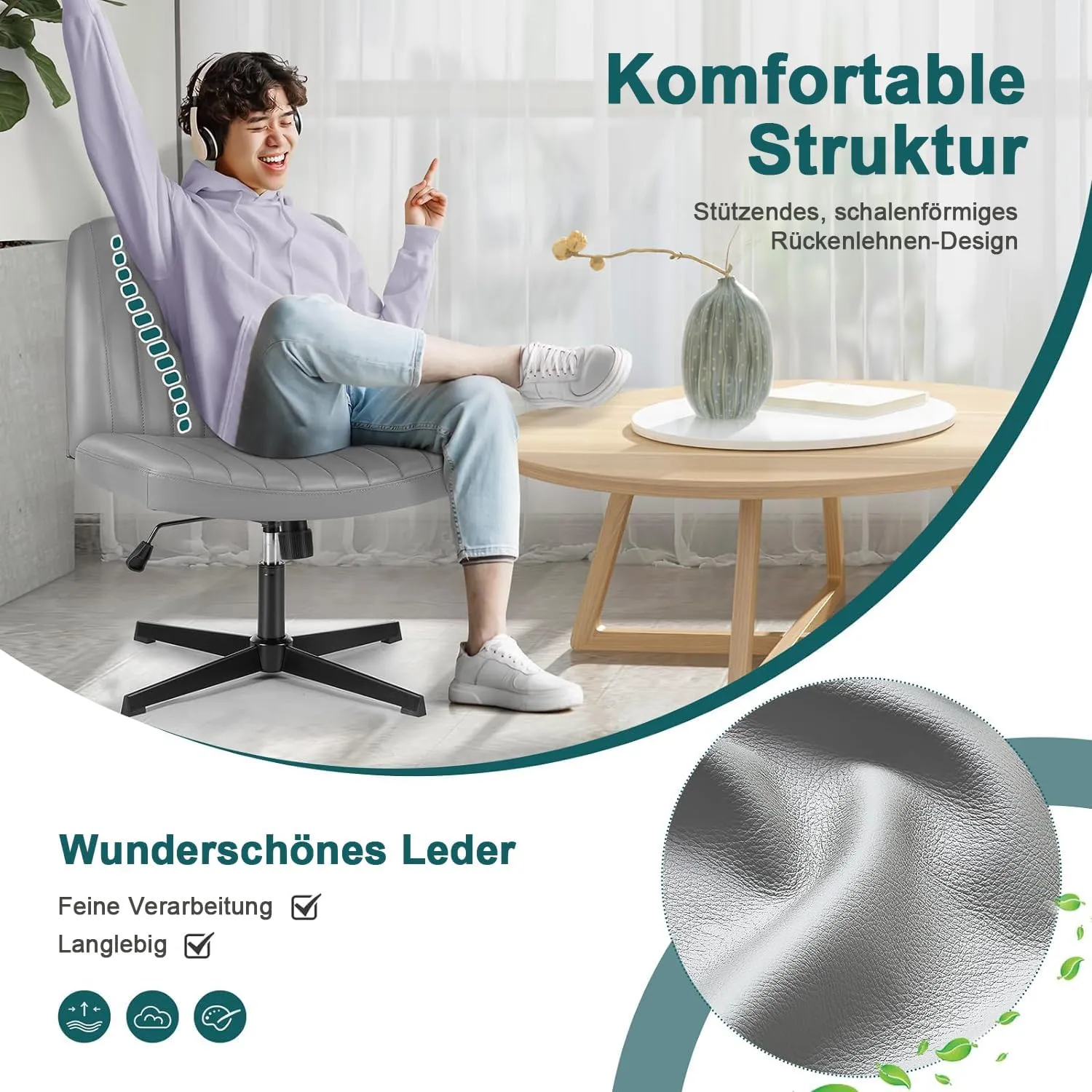 DUMOS Criss Cross Chair Legged Office Wide Comfy Desk Seat, No Wheels Armless Computer Task Seating, Swivel Vanity Home Height Adjustable