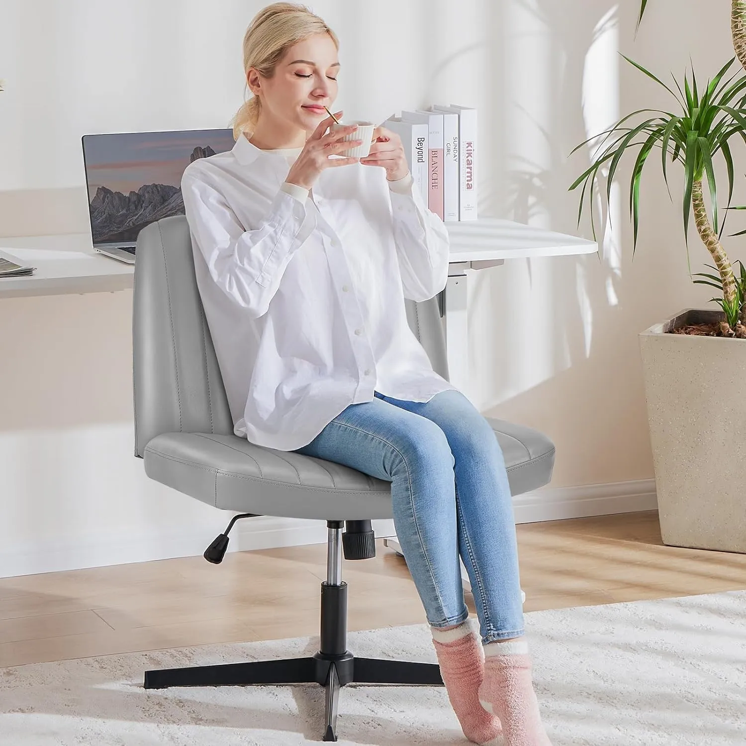 DUMOS Criss Cross Chair Legged Office Wide Comfy Desk Seat, No Wheels Armless Computer Task Seating, Swivel Vanity Home Height Adjustable