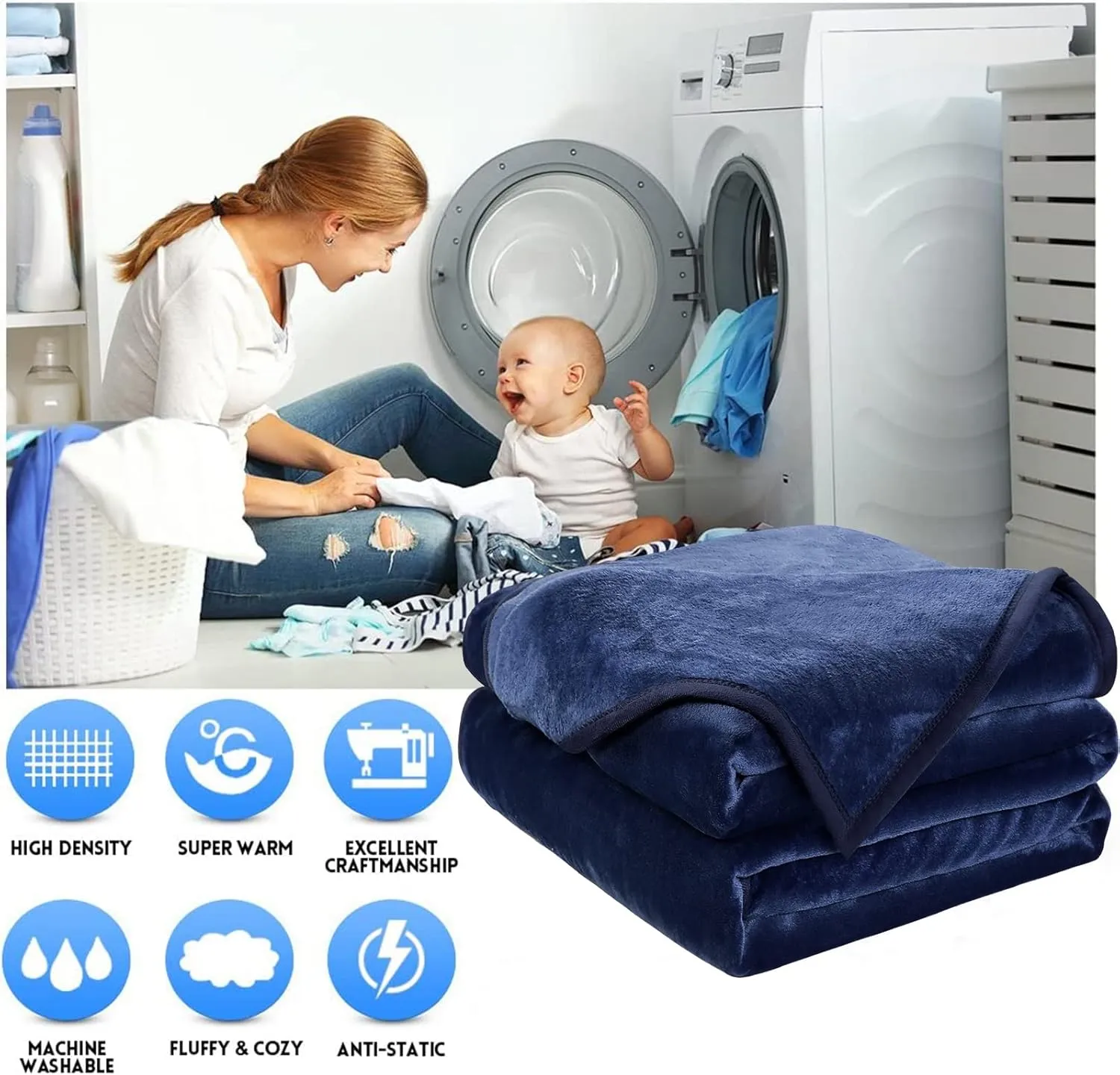 EASELAND Soft Queen Size Blanket Warm Fuzzy Microplush Lightweight Thermal Fleece Blankets for Couch Bed Sofa,90x90 Inches,Dark Blue