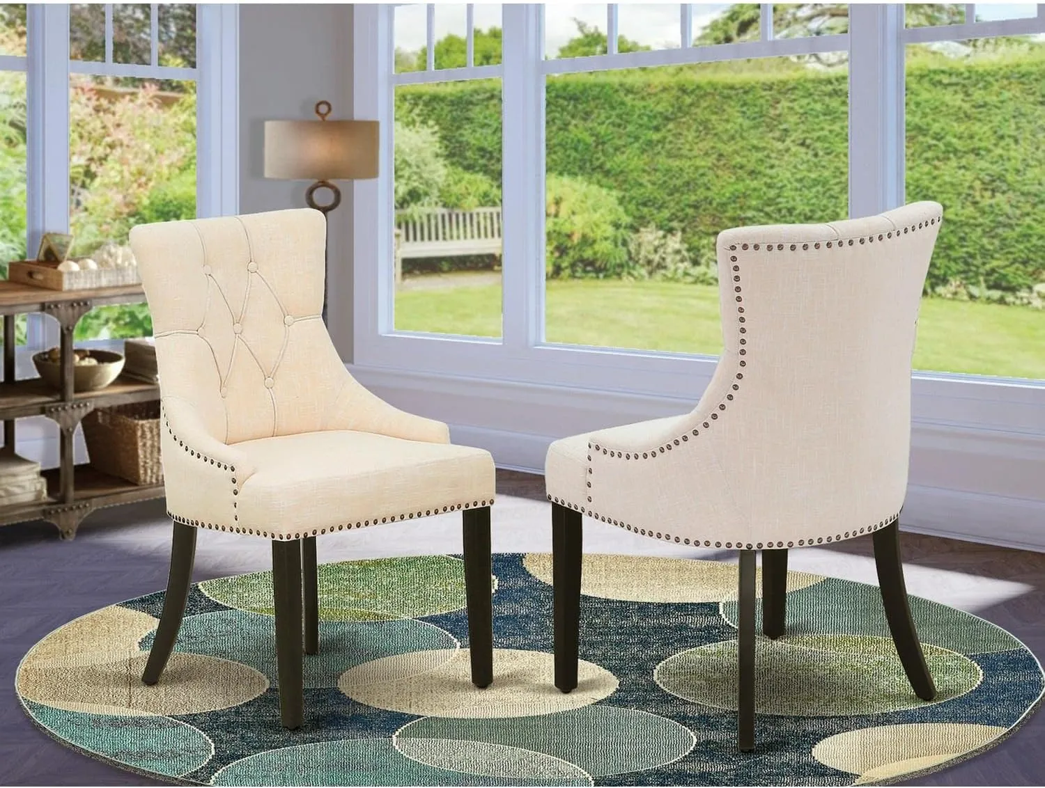 East West Furniture FRP1T02 Friona Parson Dining Room Chairs - Button Tufted Nailhead Trim Light Beige Linen Fabric Padded Chairs, Set of 2, Black