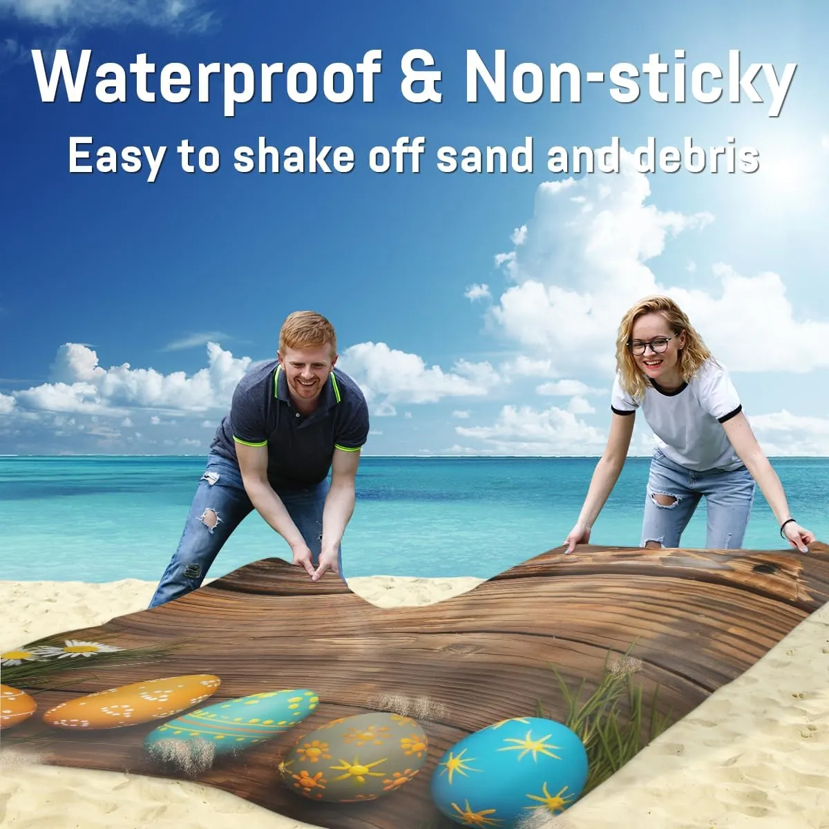 Easter Beach Blanket, Sandproof Beach Mat, Adults Waterproof Quick Drying Sand Free Mat with 4 x Ground Spikes for Outdoor Travel Camping Hiking, Easter Eggs Wood Grain