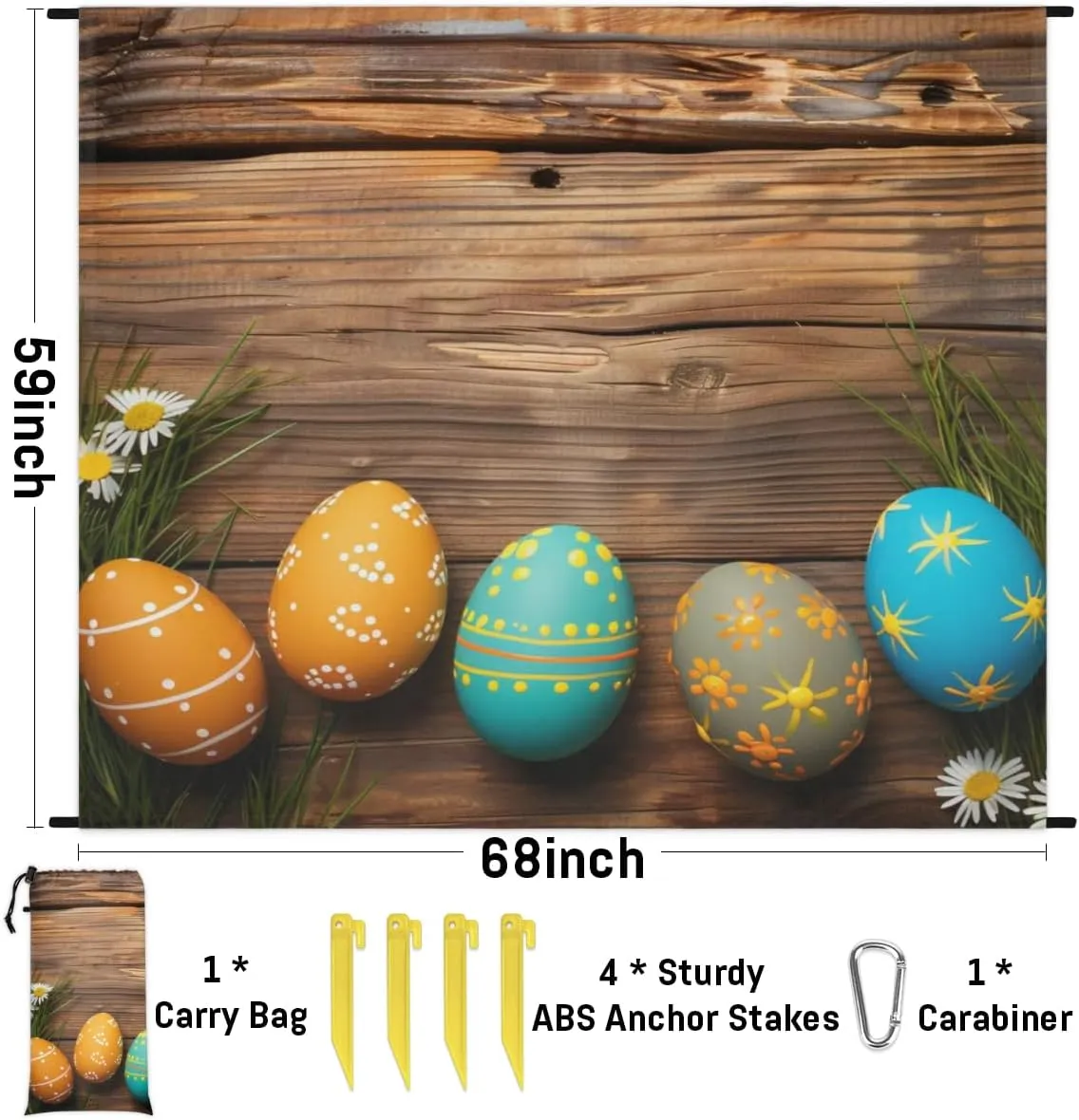 Easter Beach Blanket, Sandproof Beach Mat, Adults Waterproof Quick Drying Sand Free Mat with 4 x Ground Spikes for Outdoor Travel Camping Hiking, Easter Eggs Wood Grain