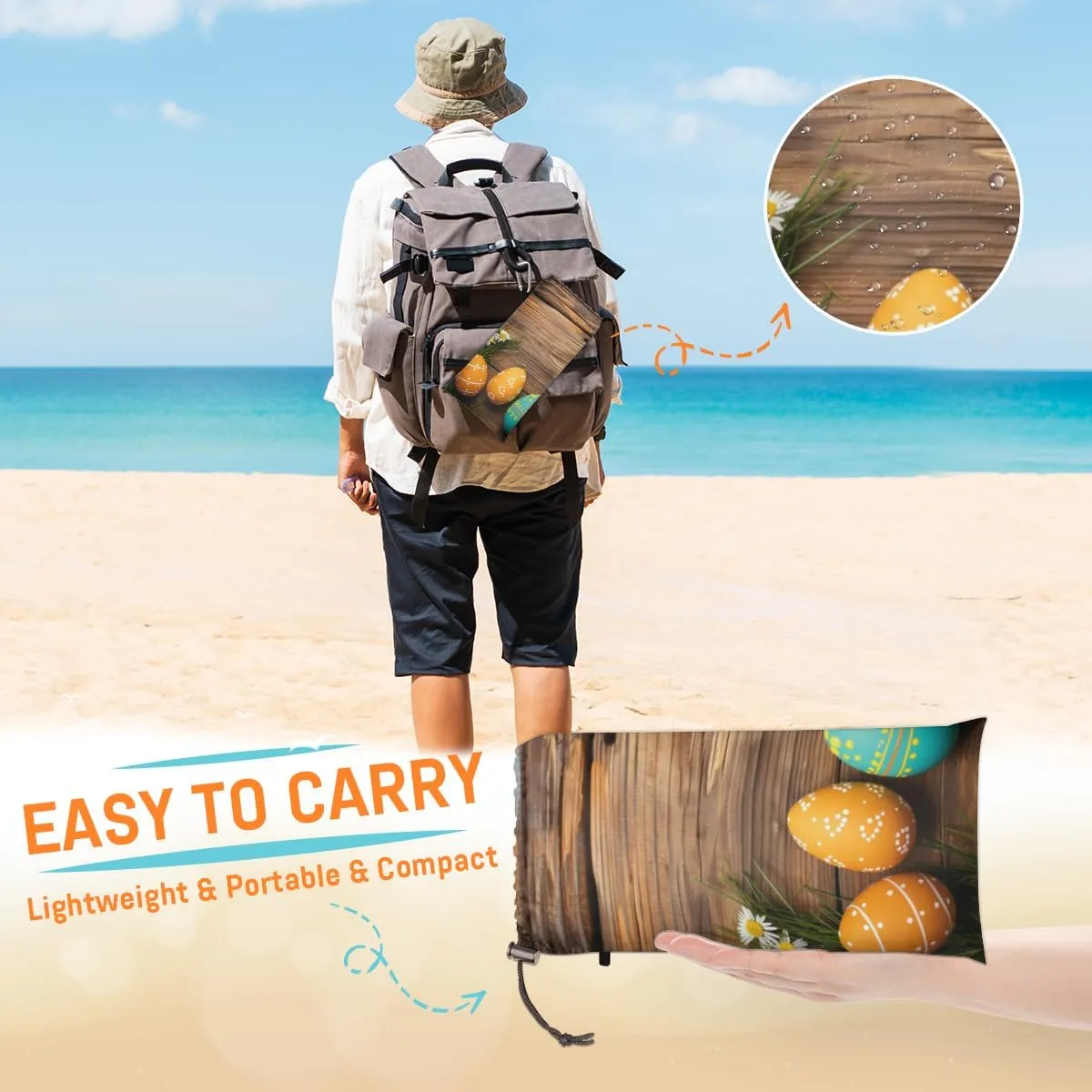 Easter Beach Blanket, Sandproof Beach Mat, Adults Waterproof Quick Drying Sand Free Mat with 4 x Ground Spikes for Outdoor Travel Camping Hiking, Easter Eggs Wood Grain