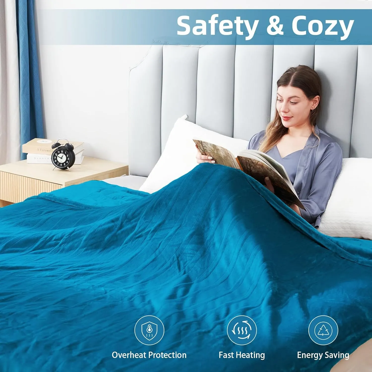 Electric Heated Blanket Full Size 72"x84", 5 Heating Levels & 10 Hours Auto Off Large Oversized, Machine Washable, Home Office Use, Blue