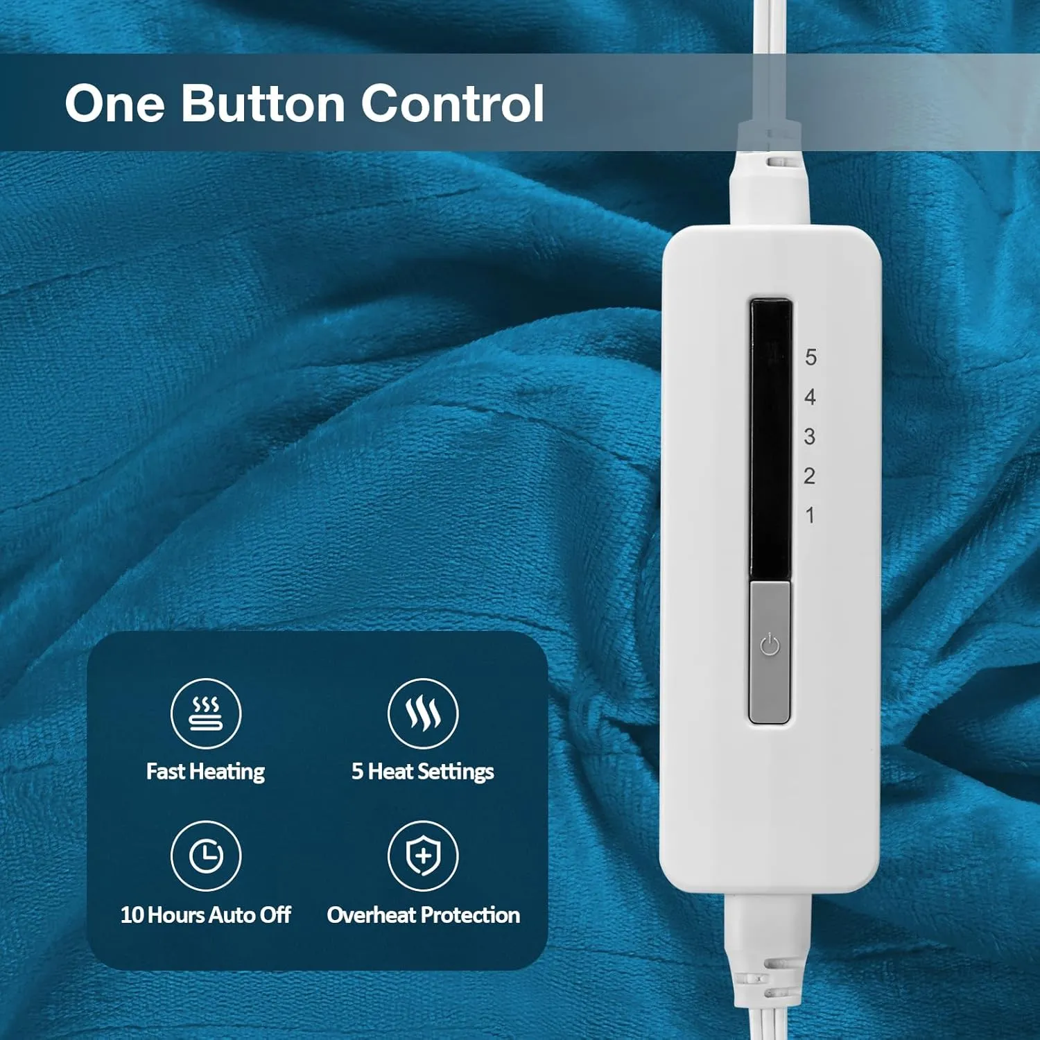 Electric Heated Blanket Full Size 72"x84", 5 Heating Levels & 10 Hours Auto Off Large Oversized, Machine Washable, Home Office Use, Blue