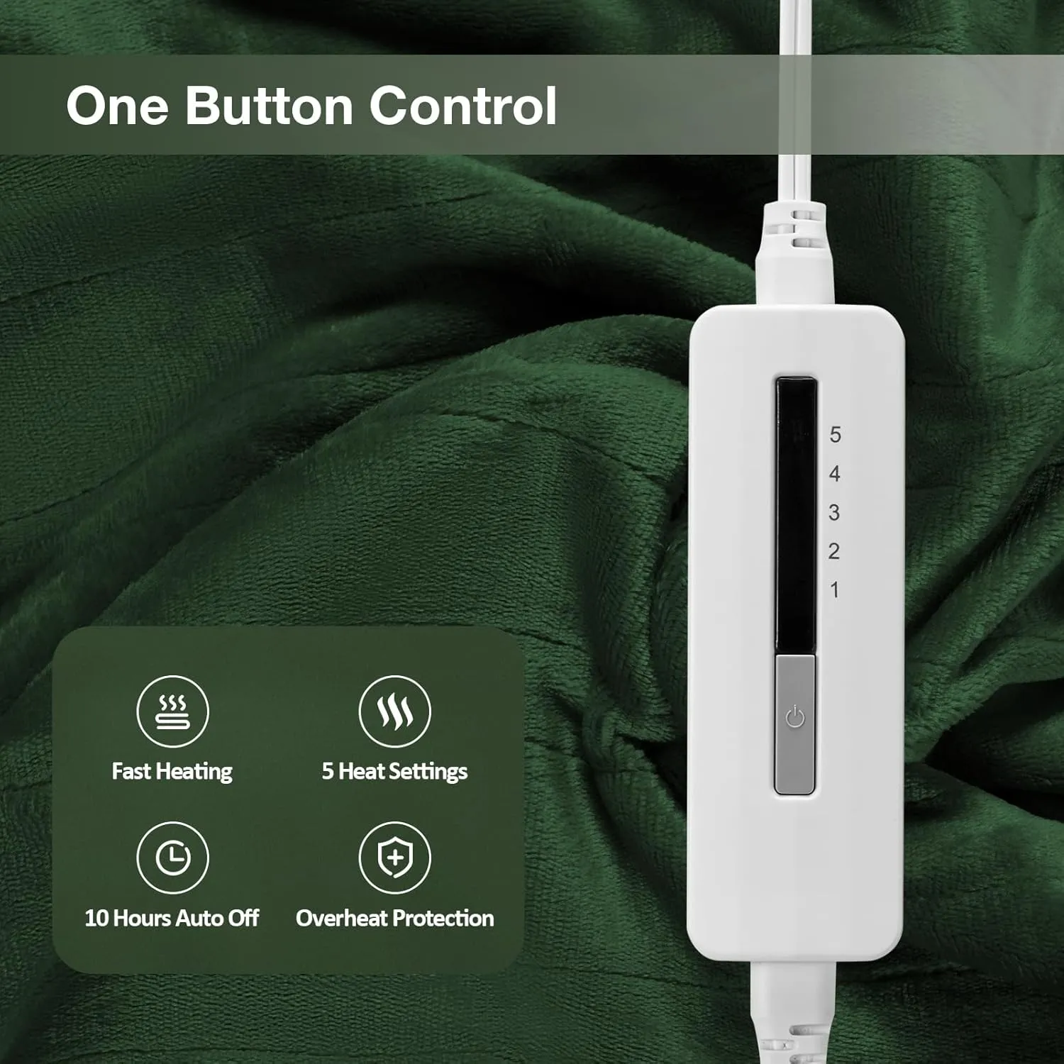 Electric Heated Blanket Full Size 72"x84",5 Heating Levels & 10 Hours Auto Off Large Oversized, Machine Washable, Home Office Use, Green