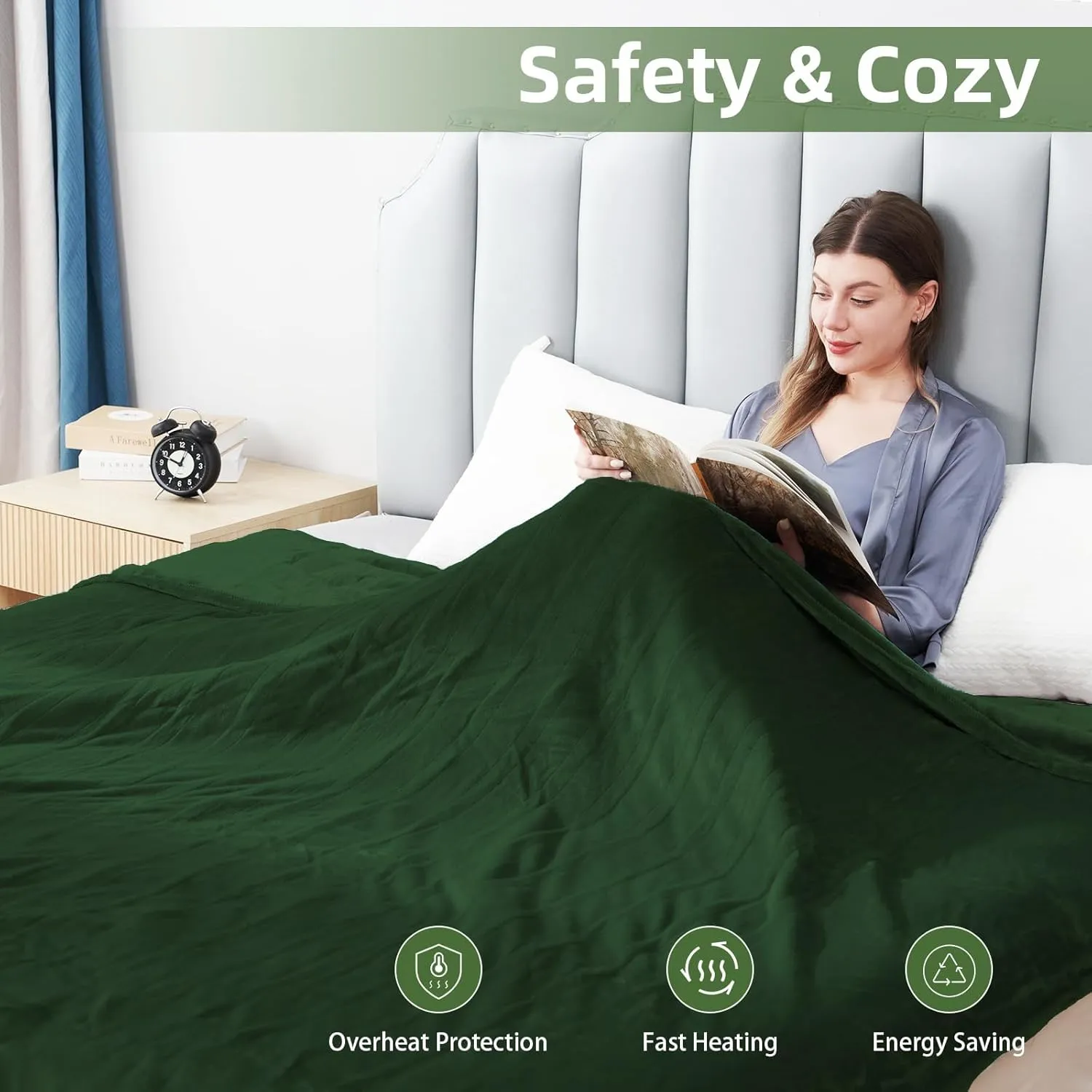 Electric Heated Blanket Full Size 72"x84",5 Heating Levels & 10 Hours Auto Off Large Oversized, Machine Washable, Home Office Use, Green