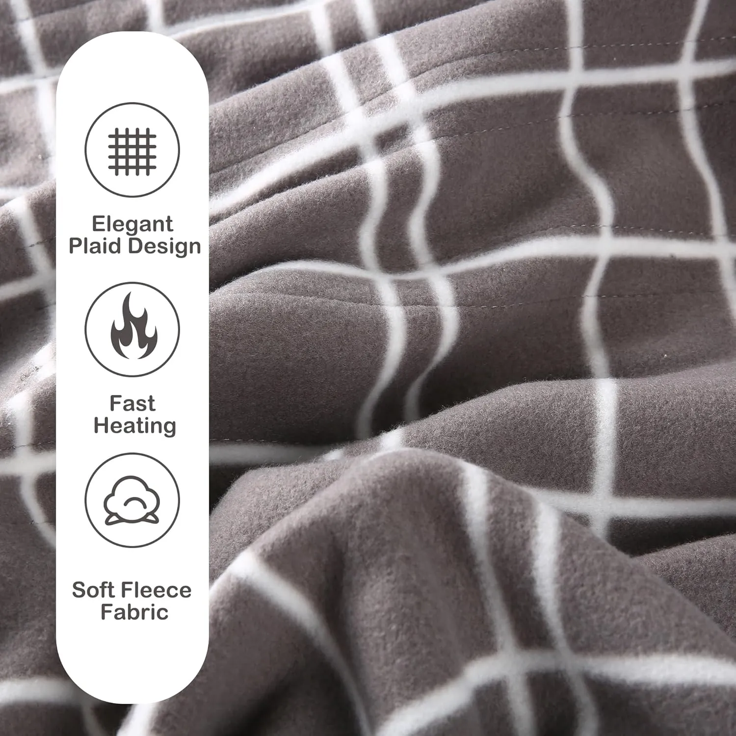 Electric Heated Blanket Queen Size 84"x90", Soft Fleece with 10 Hours Auto-Off & 4 Heating Levels, Dual Control and Machine Washable, LightGray Plaid