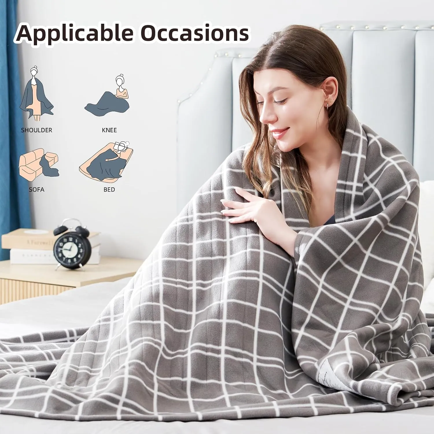 Electric Heated Blanket Queen Size 84"x90", Soft Fleece with 10 Hours Auto-Off & 4 Heating Levels, Dual Control and Machine Washable, LightGray Plaid