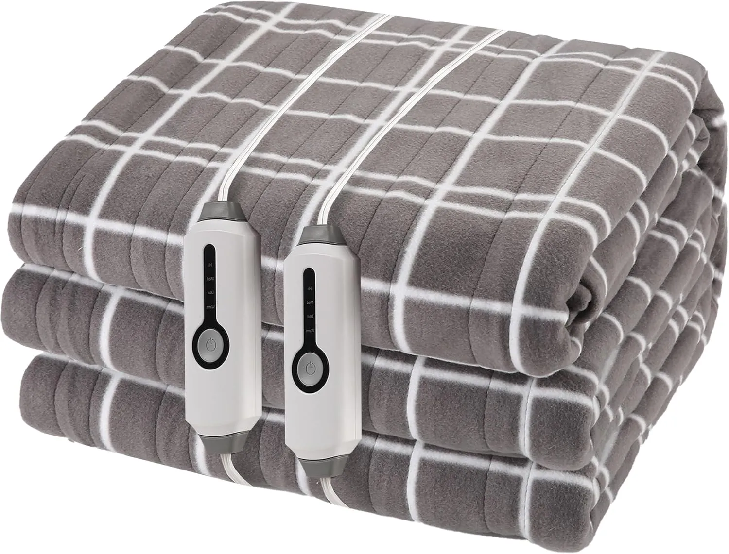 Electric Heated Blanket Queen Size 84"x90", Soft Fleece with 10 Hours Auto-Off & 4 Heating Levels, Dual Control and Machine Washable, LightGray Plaid