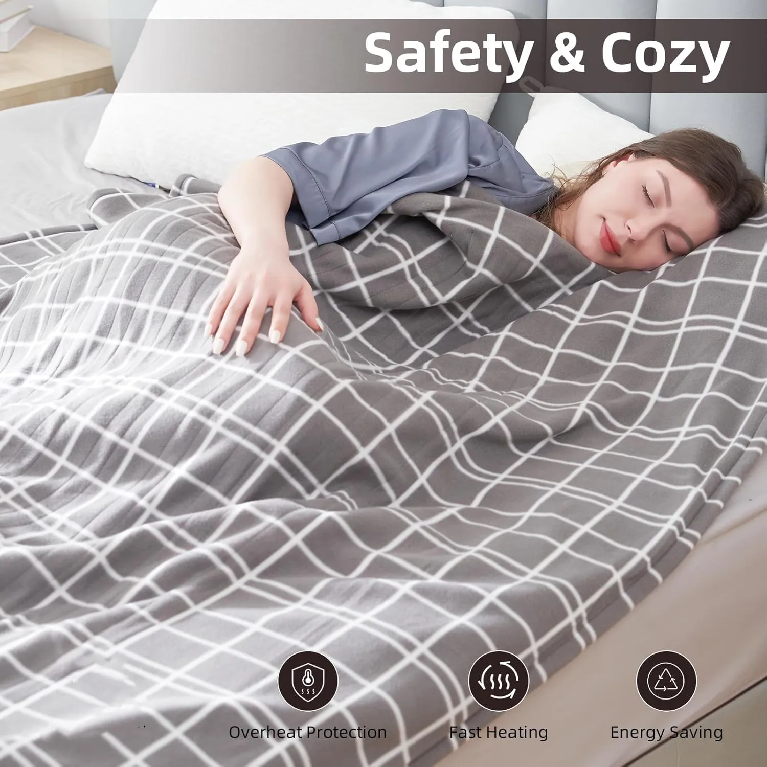 Electric Heated Blanket Queen Size 84"x90", Soft Fleece with 10 Hours Auto-Off & 4 Heating Levels, Dual Control and Machine Washable, LightGray Plaid