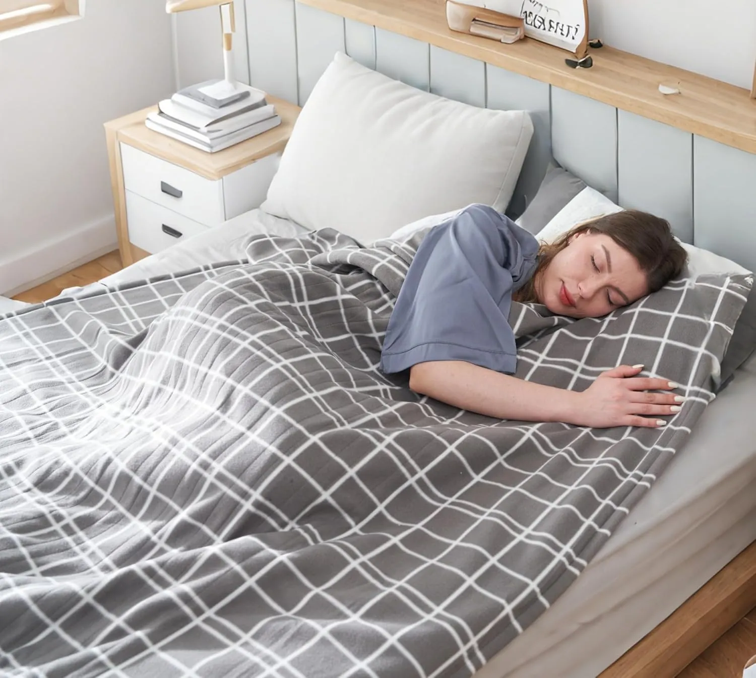Electric Heated Blanket Queen Size 84"x90", Soft Fleece with 10 Hours Auto-Off & 4 Heating Levels, Dual Control and Machine Washable, LightGray Plaid