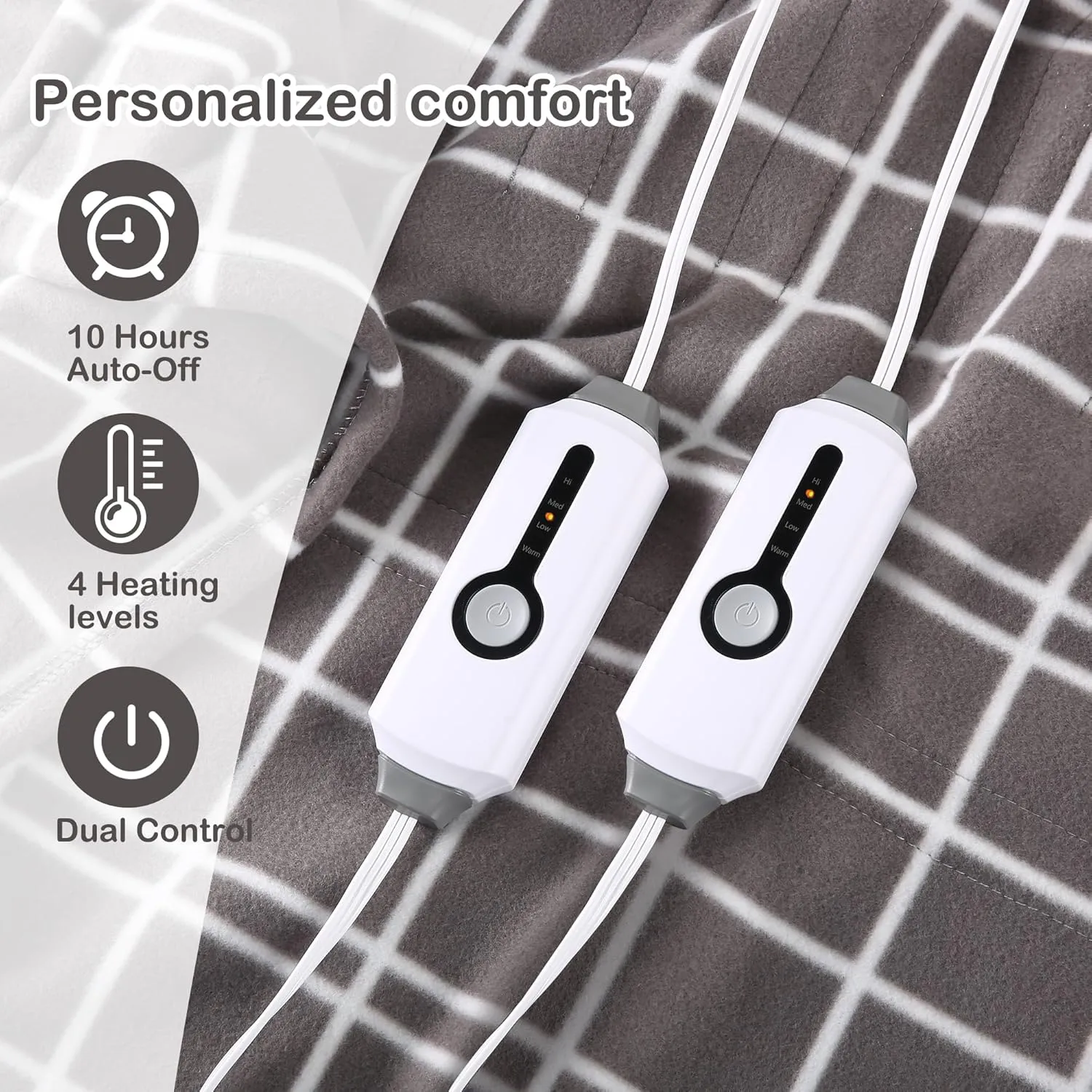 Electric Heated Blanket Queen Size 84"x90", Soft Fleece with 10 Hours Auto-Off & 4 Heating Levels, Dual Control and Machine Washable, LightGray Plaid