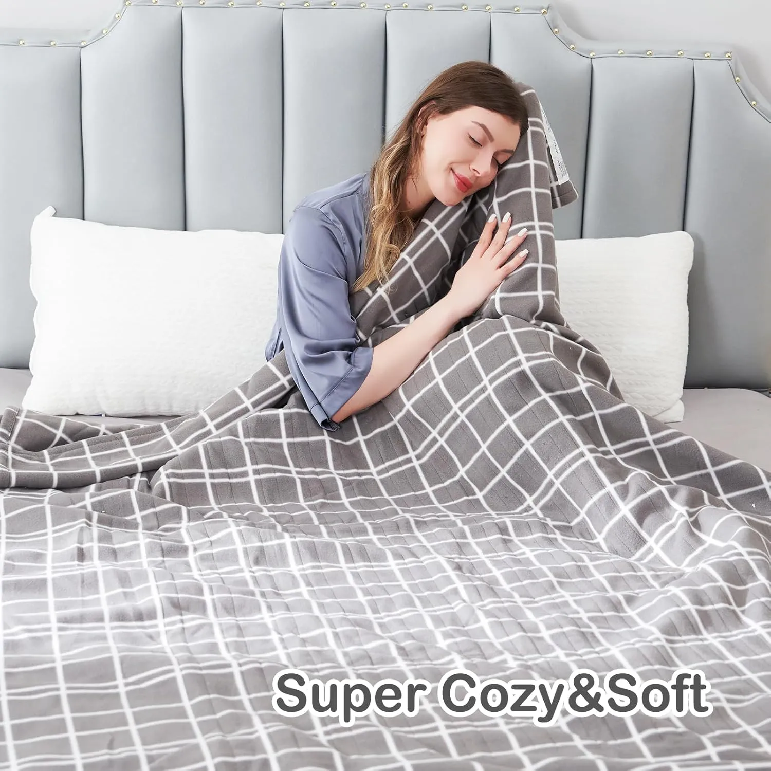 Electric Heated Blanket Queen Size 84"x90", Soft Fleece with 10 Hours Auto-Off & 4 Heating Levels, Dual Control and Machine Washable, LightGray Plaid