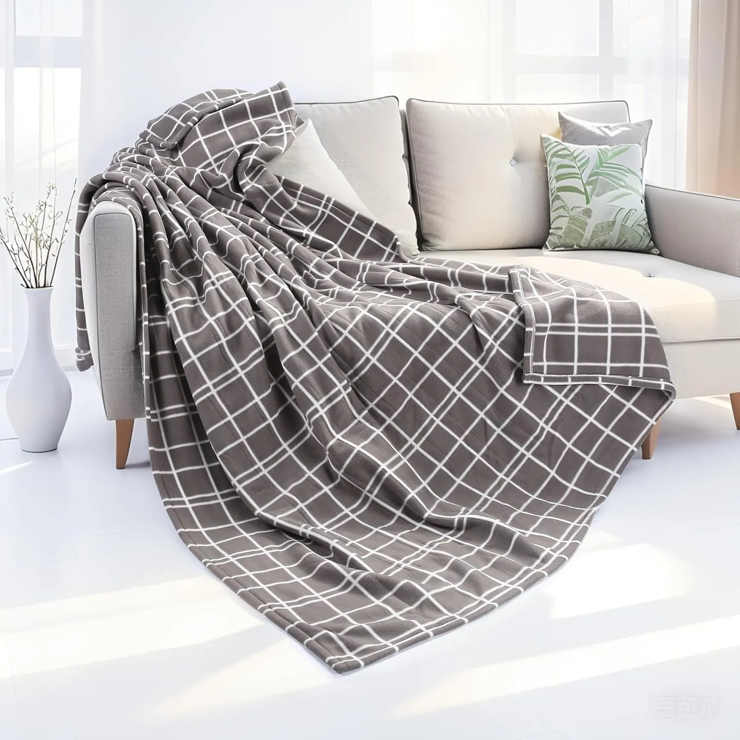 Electric Heated Blanket Queen Size 84"x90", Soft Fleece with 10 Hours Auto-Off & 4 Heating Levels, Dual Control and Machine Washable, LightGray Plaid