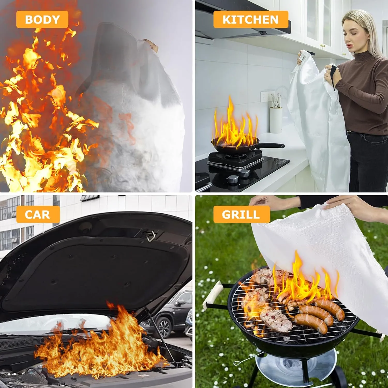 Emergency Fire Blanket, Fiberglass Fireproof Blanket for House Camping, Car, Office, Grill, Warehouse Emergency Survival Safety (Fiberglass-4pack)