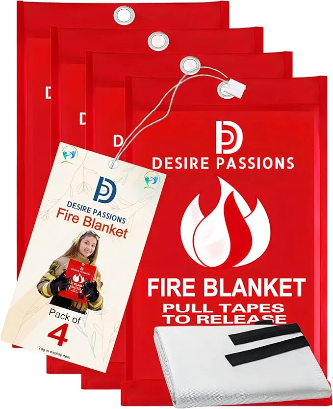 “Emergency Fire Blanket - Fire Suppression Blanket for Home, Kitchen, Garage, Camping, School & Office -Flame Retardant -40”x40” for Quick Smothering & Fire Safety (Pack of 4)