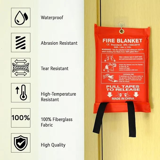 Emergency Fire Blanket for Home and Kitchen - 1 Pack Fire Fiberglass Suppression Blankets, Fire Extinguishing Blanket, Flame Retardant Protection for Home, Kitchen, Office, School, Grill, Car, Camping
