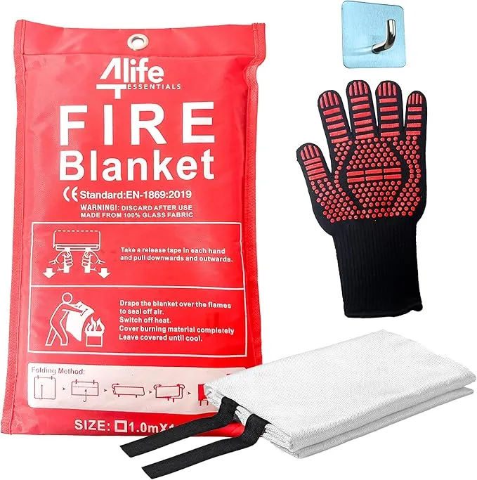 Emergency Fire Blanket with Hook and Glove - High Heat Resistant Fire, Emergency Blanket, Fire Resistant Safety Cover for Home Kitchen, Camping, and Office, Easy to Use, Compact Fire Safety Tool