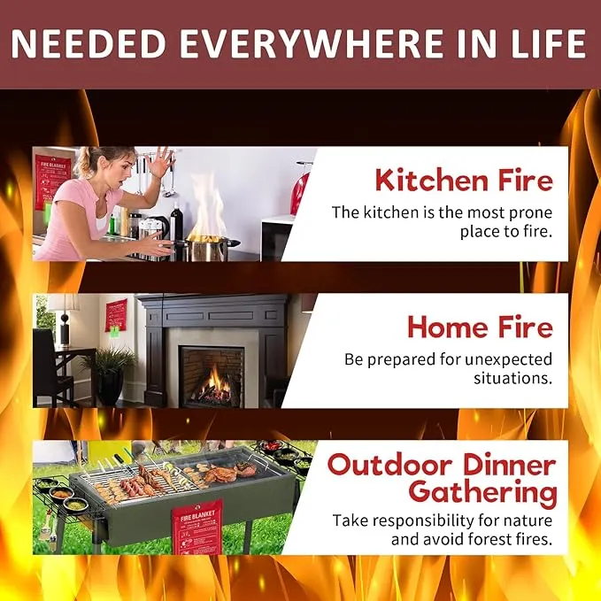Emergency Fire Blankets, Fire Extinguisher Blanket Glow at Night, Flame Retardant Blanket Fire Safety Blanket for Home and Kitchen, Camping, Grill, Car, Office (2 Pack)