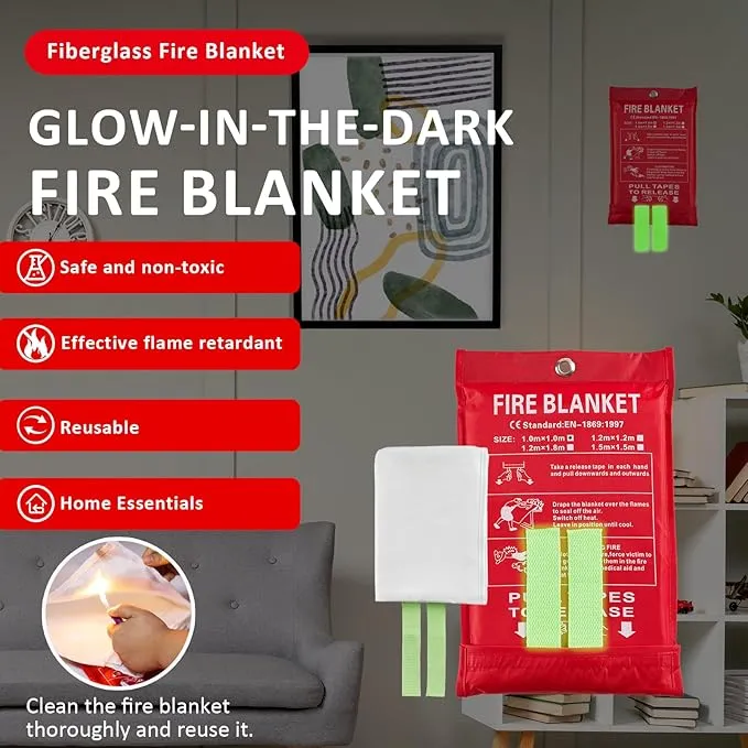 Emergency Fire Blankets, Fire Extinguisher Blanket Glow at Night, Flame Retardant Blanket Fire Safety Blanket for Home and Kitchen, Camping, Grill, Car, Office (2 Pack)