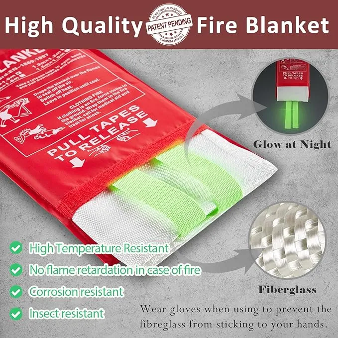 Emergency Fire Blankets, Fire Extinguisher Blanket Glow at Night, Flame Retardant Blanket Fire Safety Blanket for Home and Kitchen, Camping, Grill, Car, Office (2 Pack)