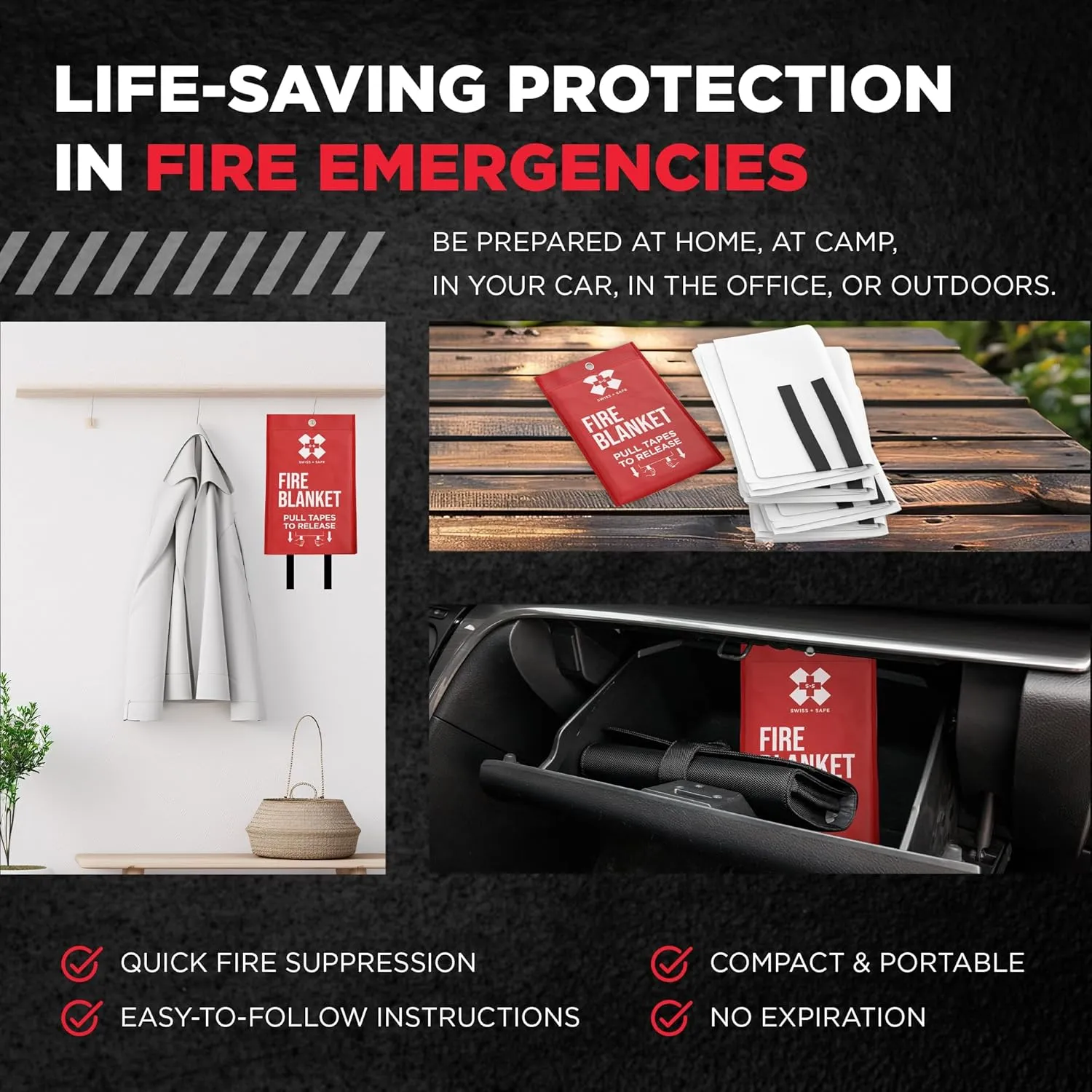 Emergency Fire Blankets for Home & Outdoors (4 Pack) - Smother Kitchen Fires, Camping Safety