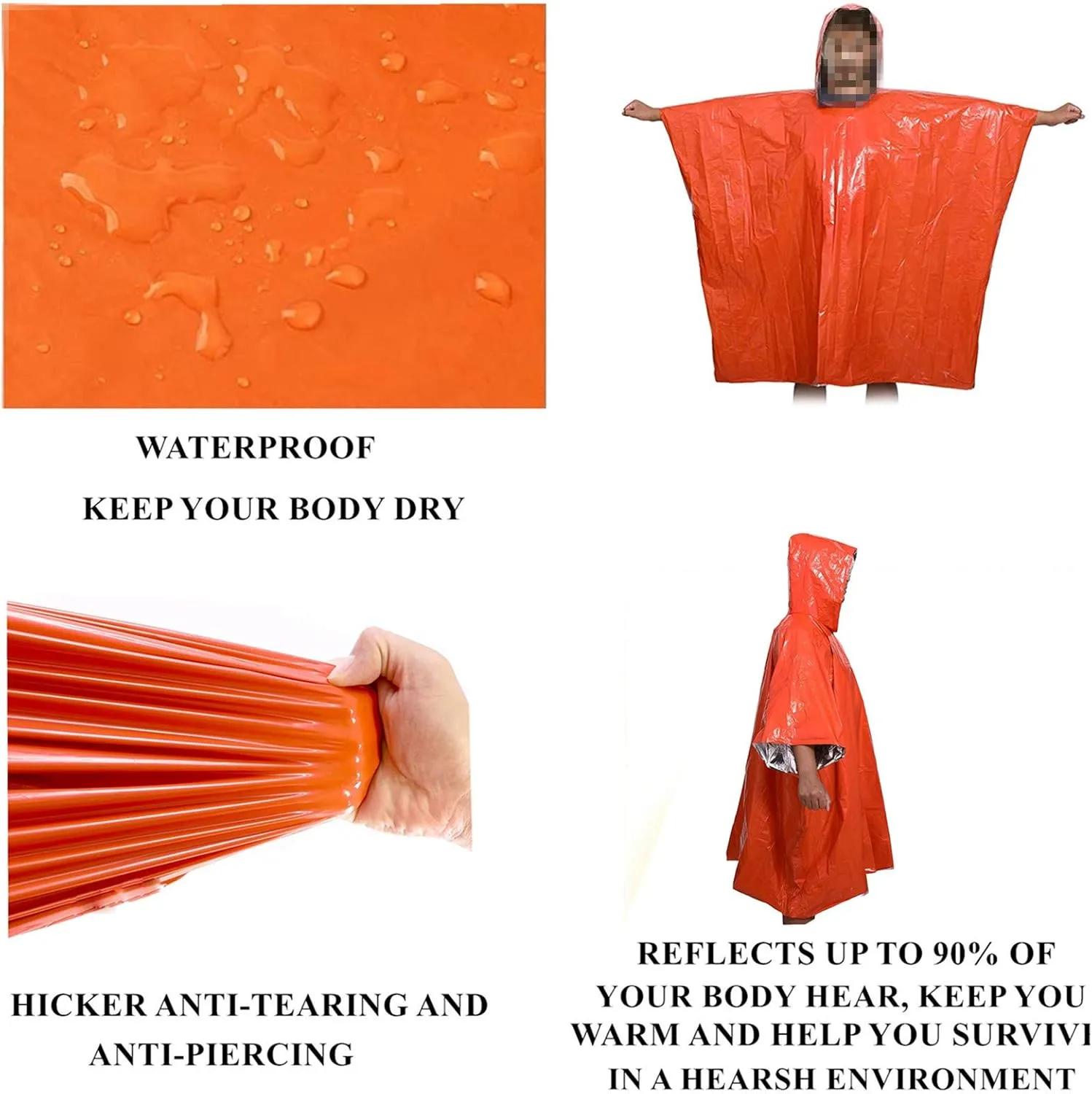 Emergency Poncho, 48.8 x 39 In Hiking Poncho with Drawstring Bag and Whistle for Car Activities,Camping Gear