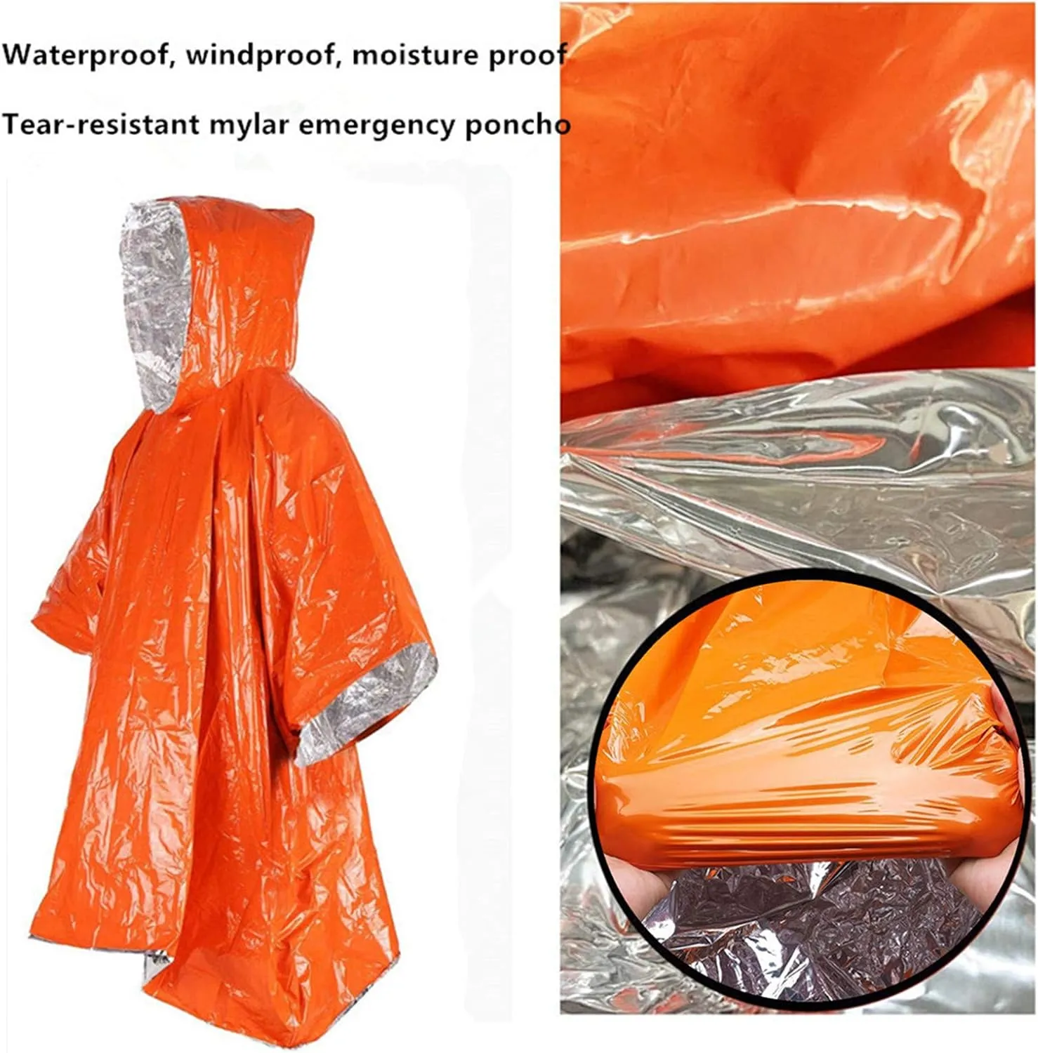 Emergency Poncho, 48.8 x 39 In Hiking Poncho with Drawstring Bag and Whistle for Car Activities,Camping Gear