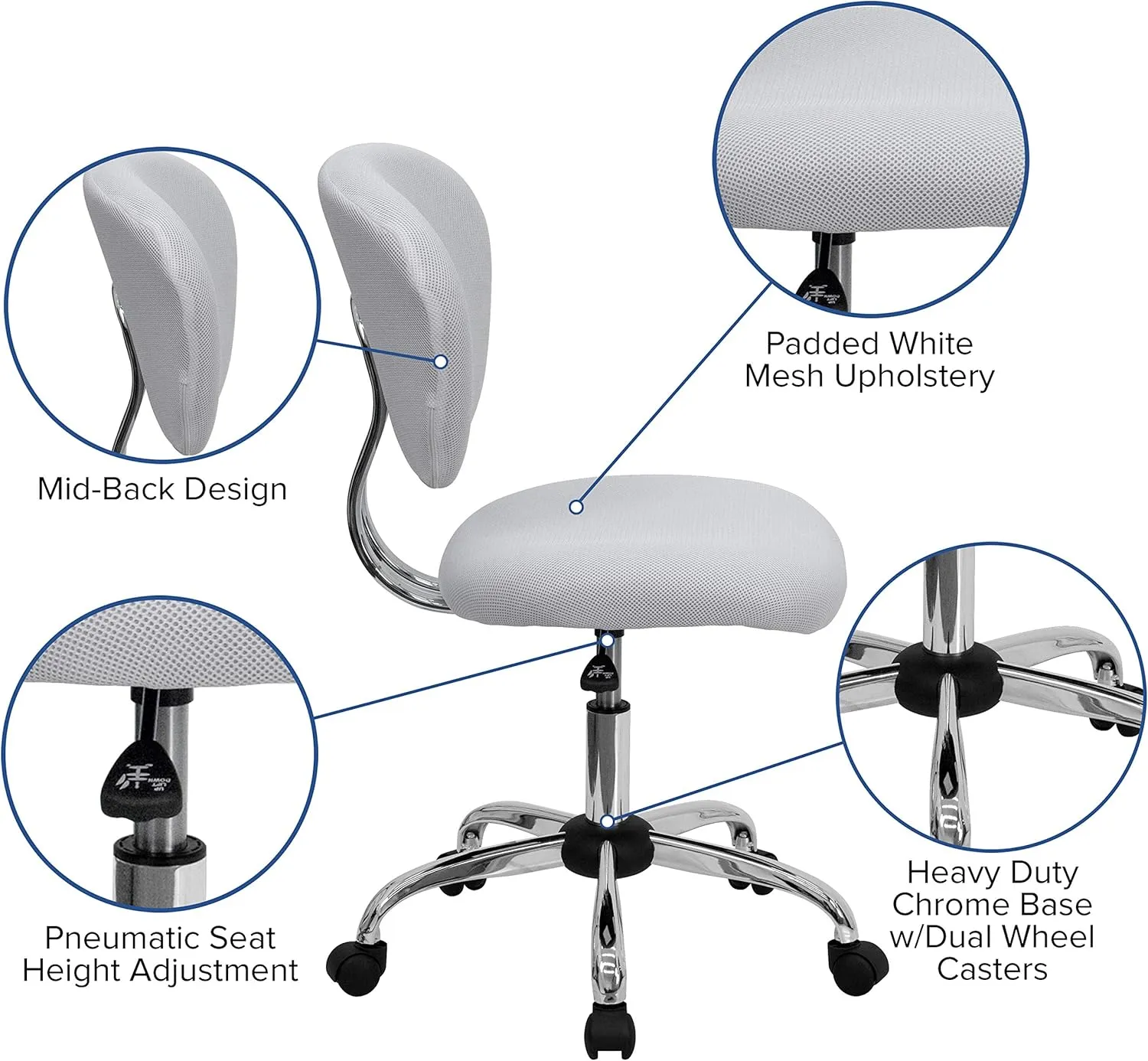 EMMA   OLIVER Mid-Back White Mesh Padded Swivel Task Office Chair with Chrome Base