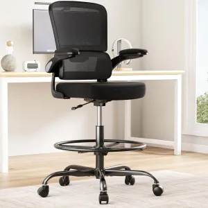 Ergonomic Drafting Chair with Footrest,Tall Office Chair for Standing Desk with Flip-up Armrests with Breathable Comfy Mesh Support and Adjustable Foot Rest Ring(Black)