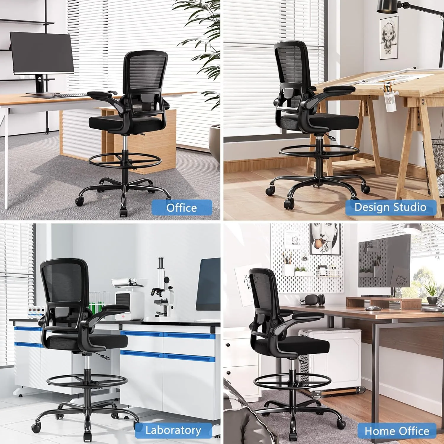 Ergonomic Drafting Chair with Footrest,Tall Office Chair for Standing Desk with Flip-up Armrests with Breathable Comfy Mesh Support and Adjustable Foot Rest Ring(Black)