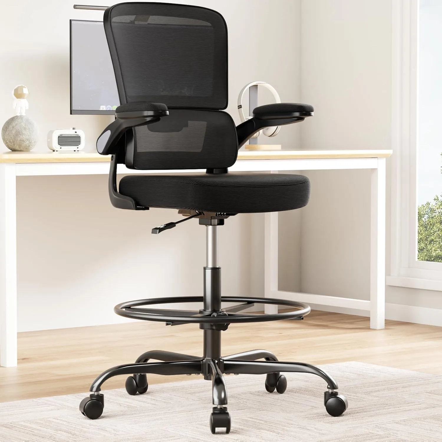 Ergonomic Drafting Chair with Footrest,Tall Office Chair for Standing Desk with Flip-up Armrests with Breathable Comfy Mesh Support and Adjustable Foot Rest Ring(Black)
