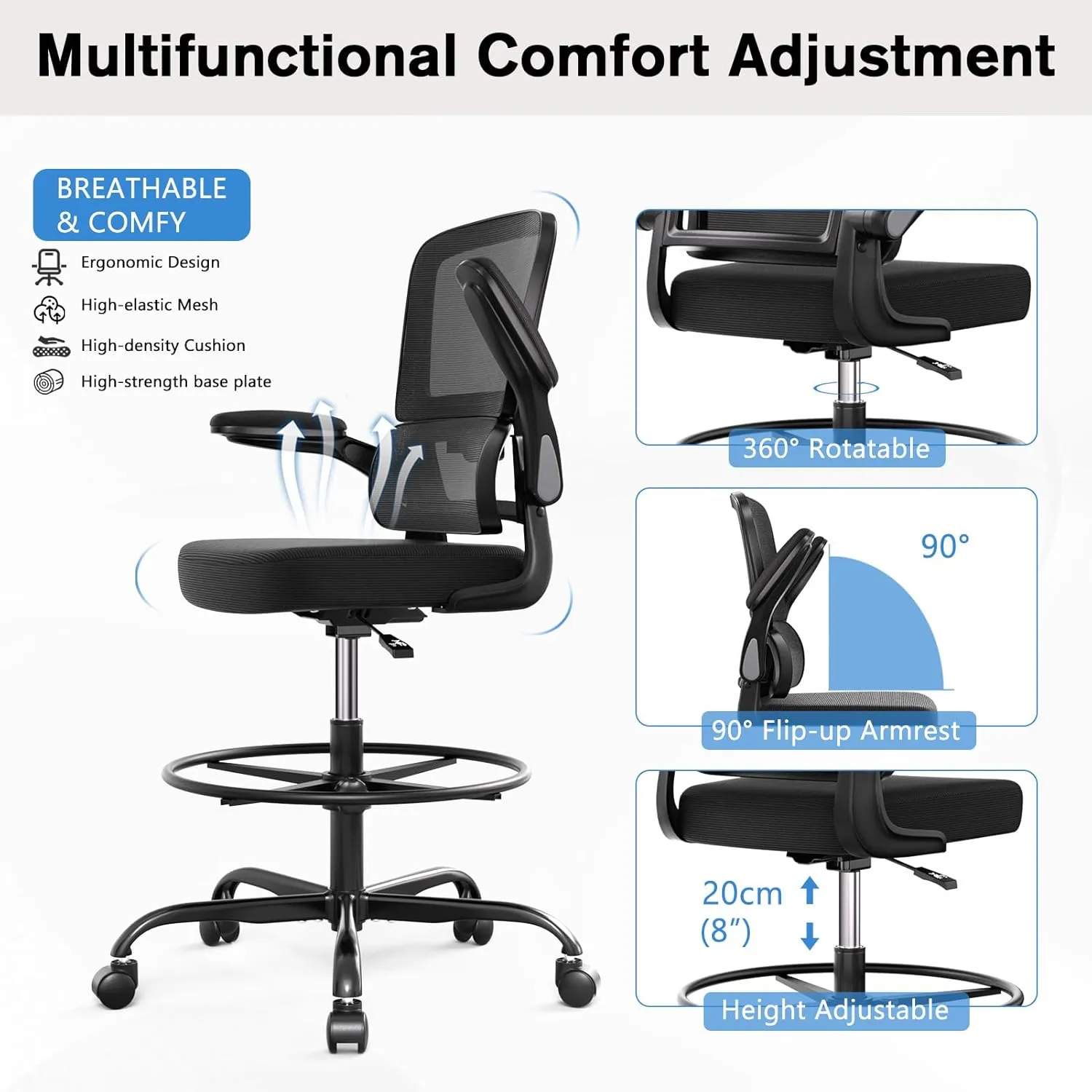 Ergonomic Drafting Chair with Footrest,Tall Office Chair for Standing Desk with Flip-up Armrests with Breathable Comfy Mesh Support and Adjustable Foot Rest Ring(Black)