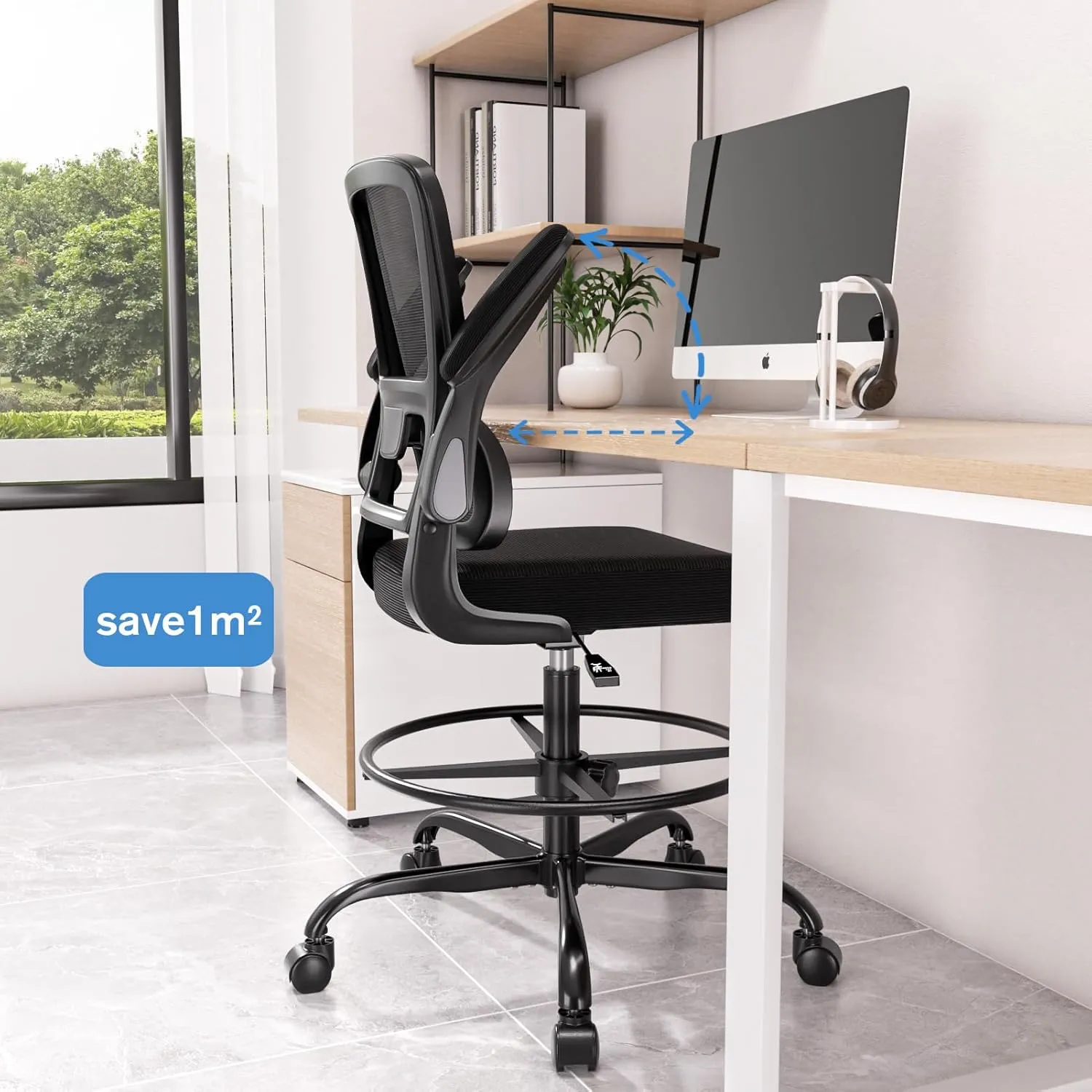 Ergonomic Drafting Chair with Footrest,Tall Office Chair for Standing Desk with Flip-up Armrests with Breathable Comfy Mesh Support and Adjustable Foot Rest Ring(Black)