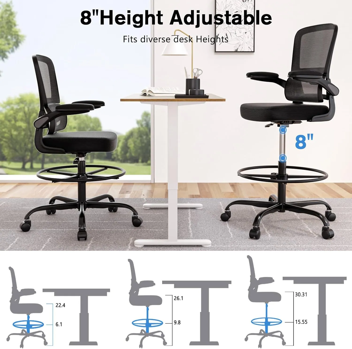 Ergonomic Drafting Chair with Footrest,Tall Office Chair for Standing Desk with Flip-up Armrests with Breathable Comfy Mesh Support and Adjustable Foot Rest Ring(Black)