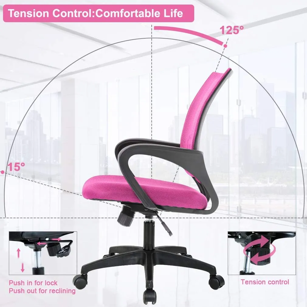 Ergonomic Office Chair Desk Chair Mesh Computer Chair with Lumbar Support Executive Rolling Swivel Adjustable Home Mid Back Task Chair for Women Adults, Pink