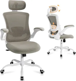 Ergonomic Office Chair with Adjustable Lumbar Support & Headrest, High Back Mesh Desk Chair with Flip-Up Armrests, Breathable & Comfortable Computer Chair for Home, Office & Study –Khaki