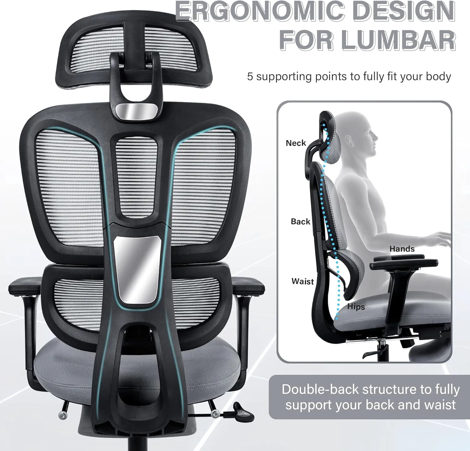 Ergonomic Office Chair with Footrest, High Back Computer Office Chair with Dynamic Lumbar Support, 2D Headrest, 4D Armrest, Sponge Seat, Mesh Home Office Desk Chair for Adults, Dark Grey