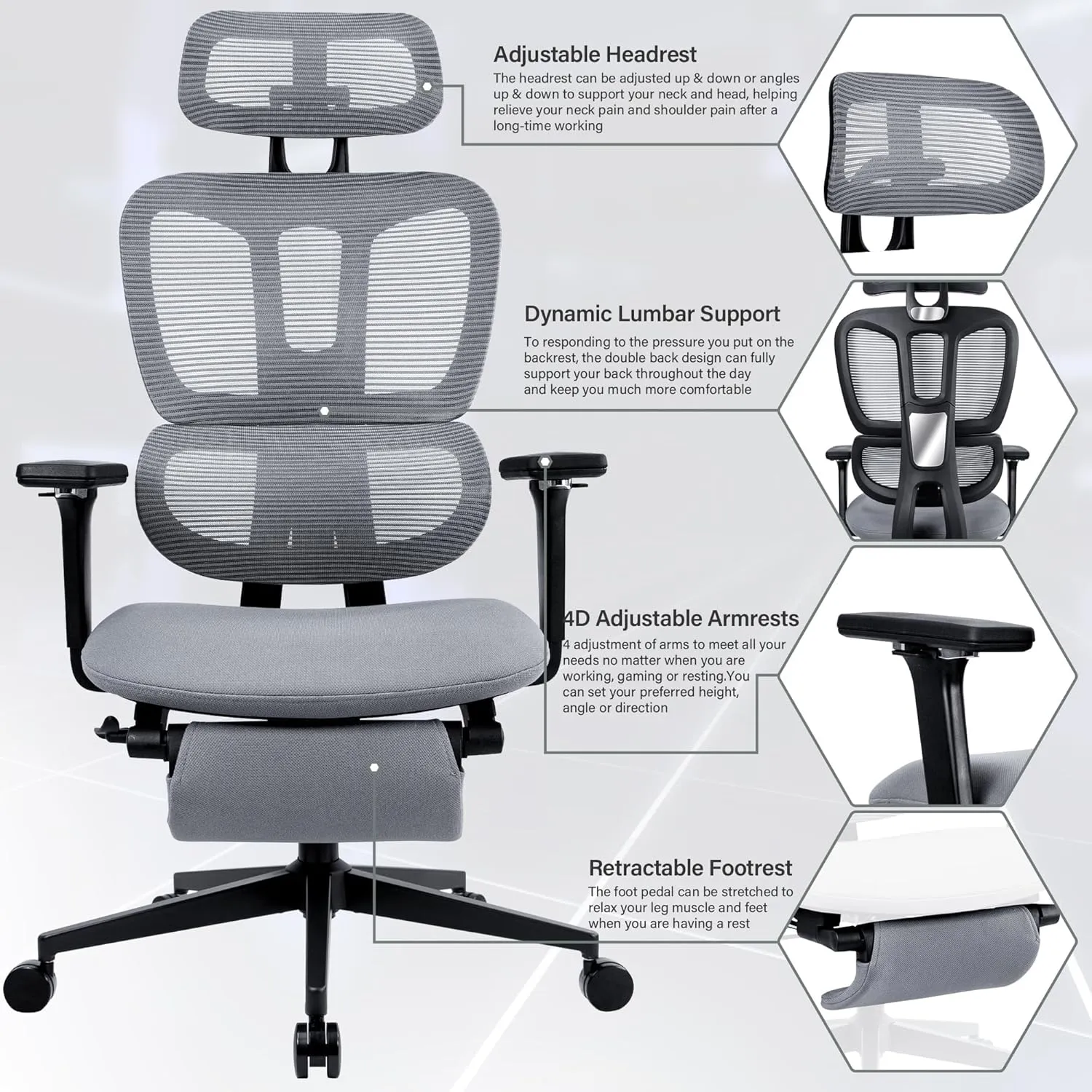 Ergonomic Office Chair with Footrest, High Back Computer Office Chair with Dynamic Lumbar Support, 2D Headrest, 4D Armrest, Sponge Seat, Mesh Home Office Desk Chair for Adults, Dark Grey