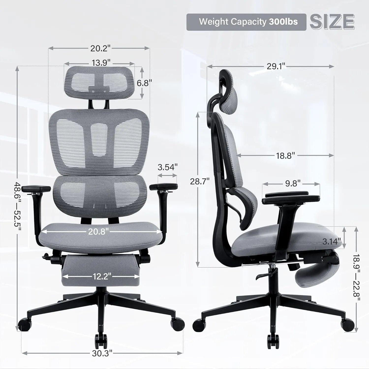Ergonomic Office Chair with Footrest, High Back Computer Office Chair with Dynamic Lumbar Support, 2D Headrest, 4D Armrest, Sponge Seat, Mesh Home Office Desk Chair for Adults, Dark Grey