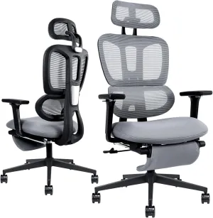 Ergonomic Office Chair with Footrest, High Back Computer Office Chair with Dynamic Lumbar Support, 2D Headrest, 4D Armrest, Sponge Seat, Mesh Home Office Desk Chair for Adults, Dark Grey