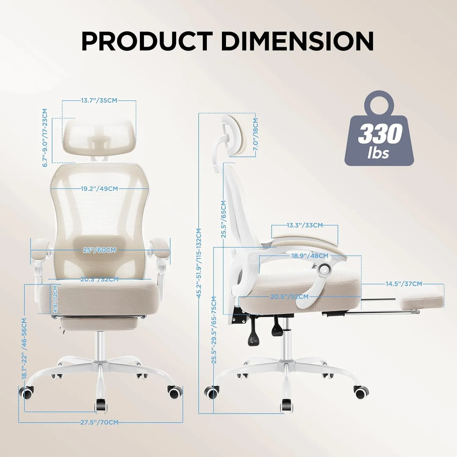Ergonomic Office Chair with Footrest,Ultra Thick Reclining Desk Chair with Adjustable 2D Lumbar Support and Headrest,Spring Cushion,High Back Premium Mesh Computer Chair,Cream