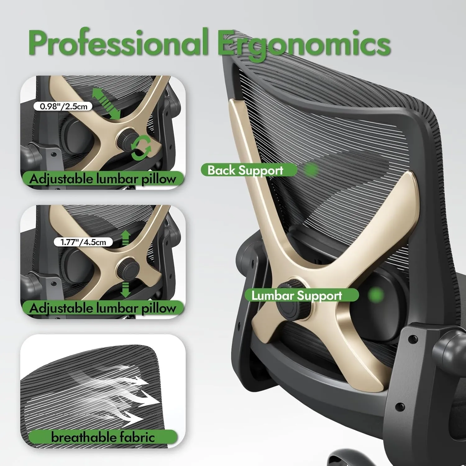 Ergonomic Office Chair - X-Shaped Computer Desk Chair Comfy, Gaming Chair, Office Chair with Lumbar Support, Mesh Office Chairs, Desk Chair for Long Hours(Black Gold)