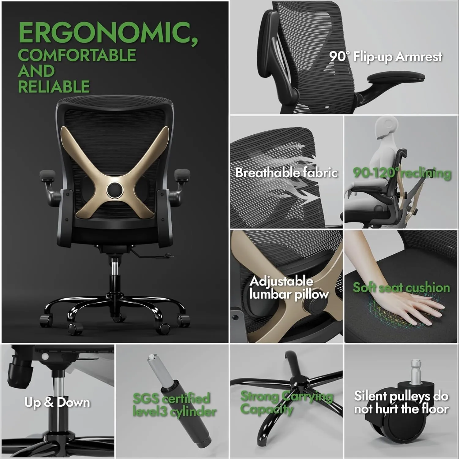 Ergonomic Office Chair - X-Shaped Computer Desk Chair Comfy, Gaming Chair, Office Chair with Lumbar Support, Mesh Office Chairs, Desk Chair for Long Hours(Black Gold)