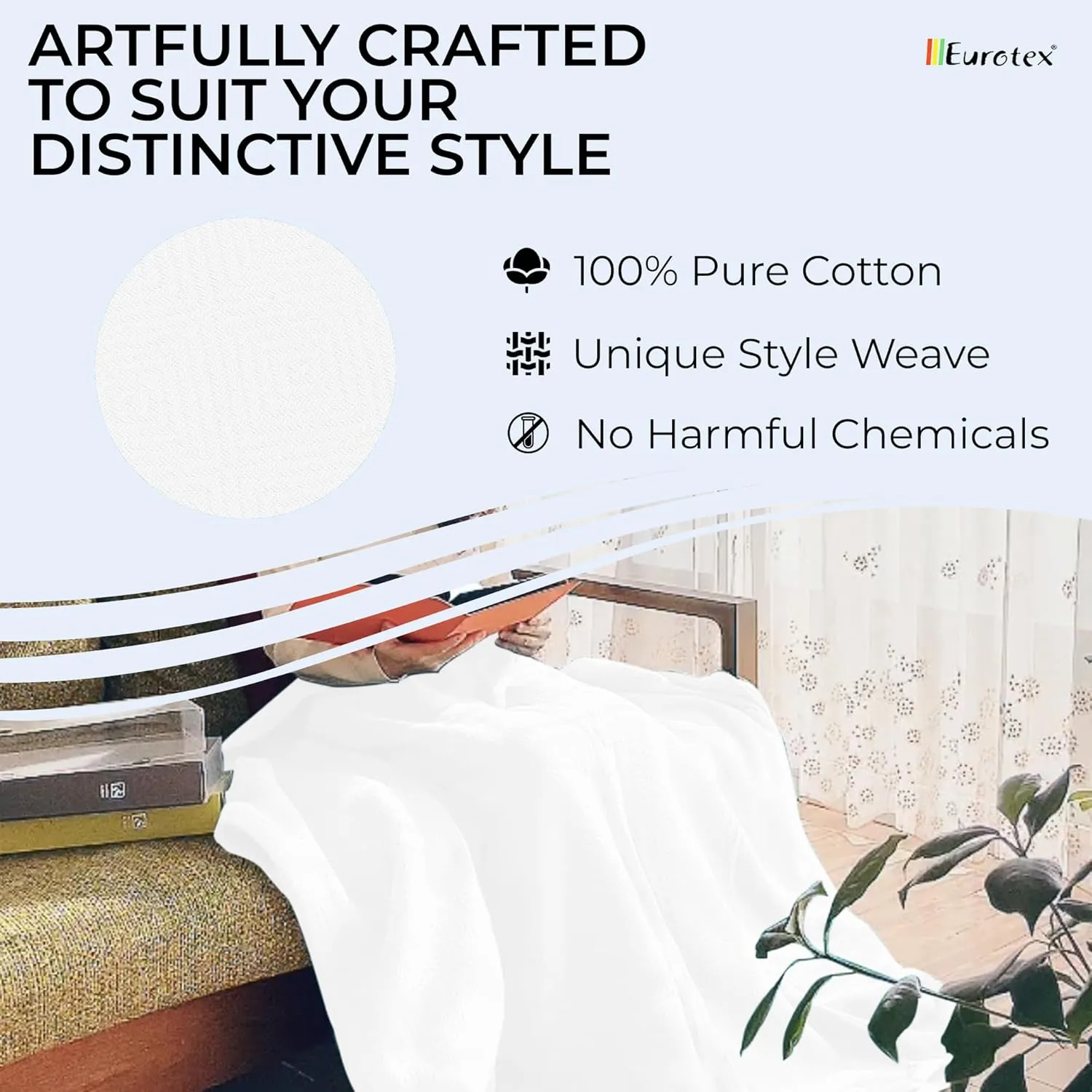 EUROTEX 100% Cotton Twin Size Blanket - Soft, Breathable, Lightweight for Summer, Spring, Fall; Diamond Weave for Bed, Couch, Sofa (White 66x90 in)